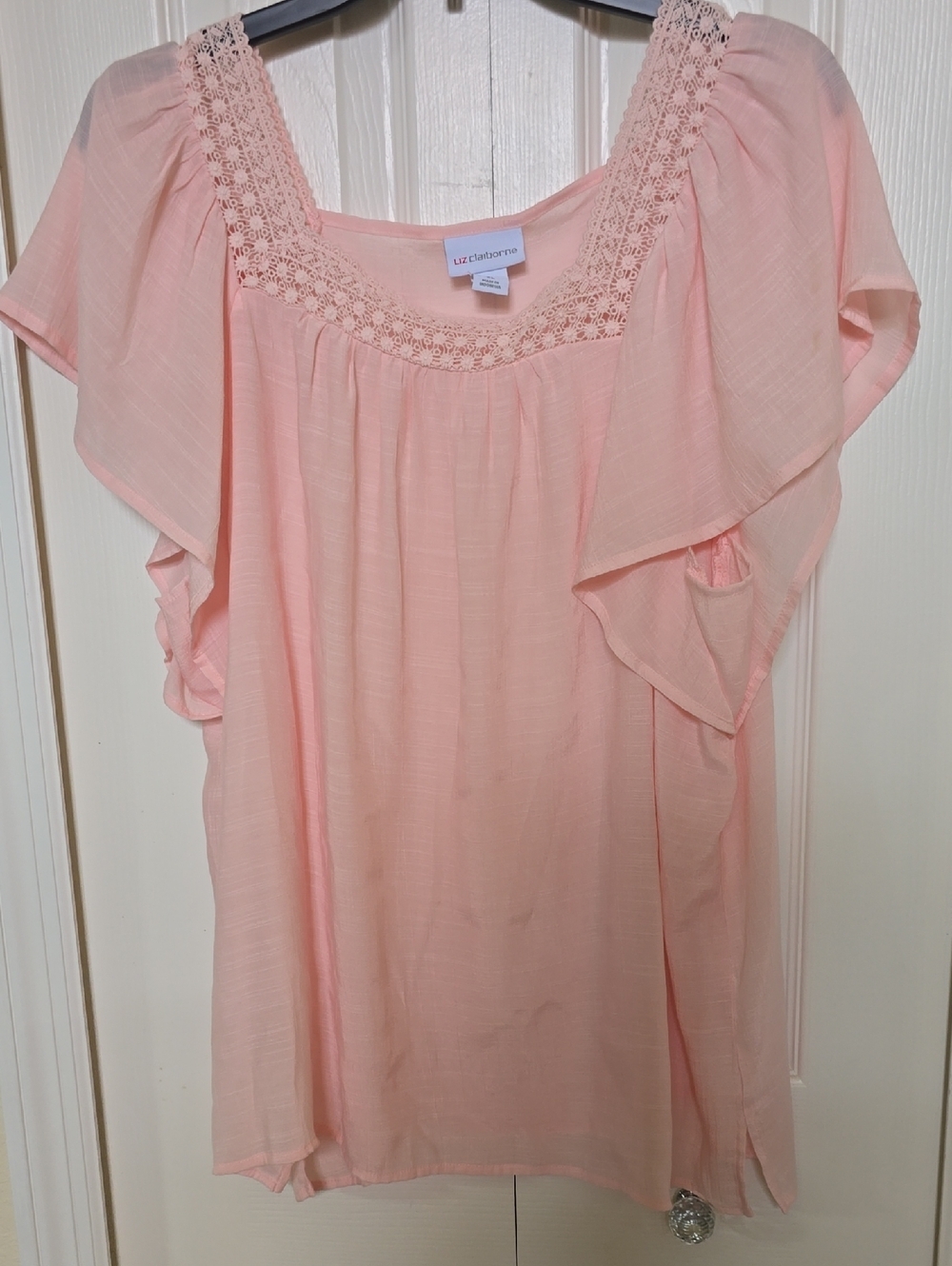 Liz Claiborne Soft Pink Crochet-Trim Flutter Sleeve Tunic